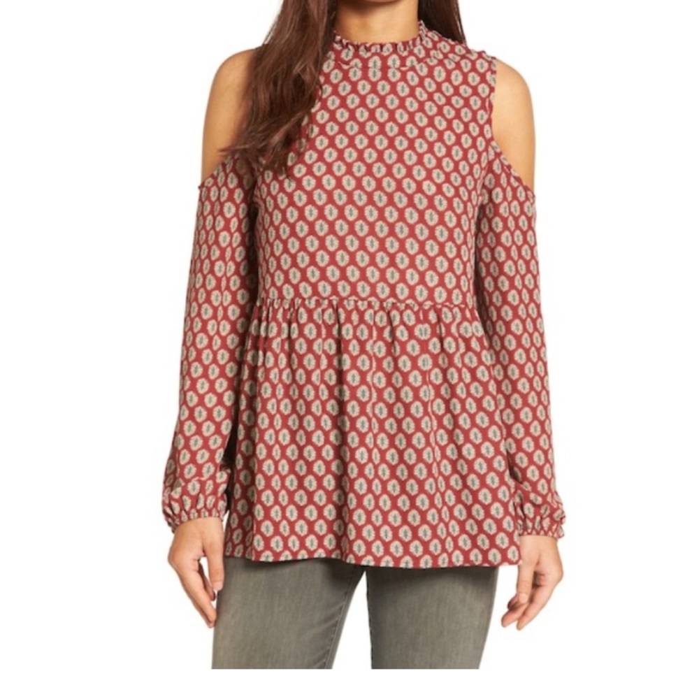 Bobeau ruffle neck babydoll top